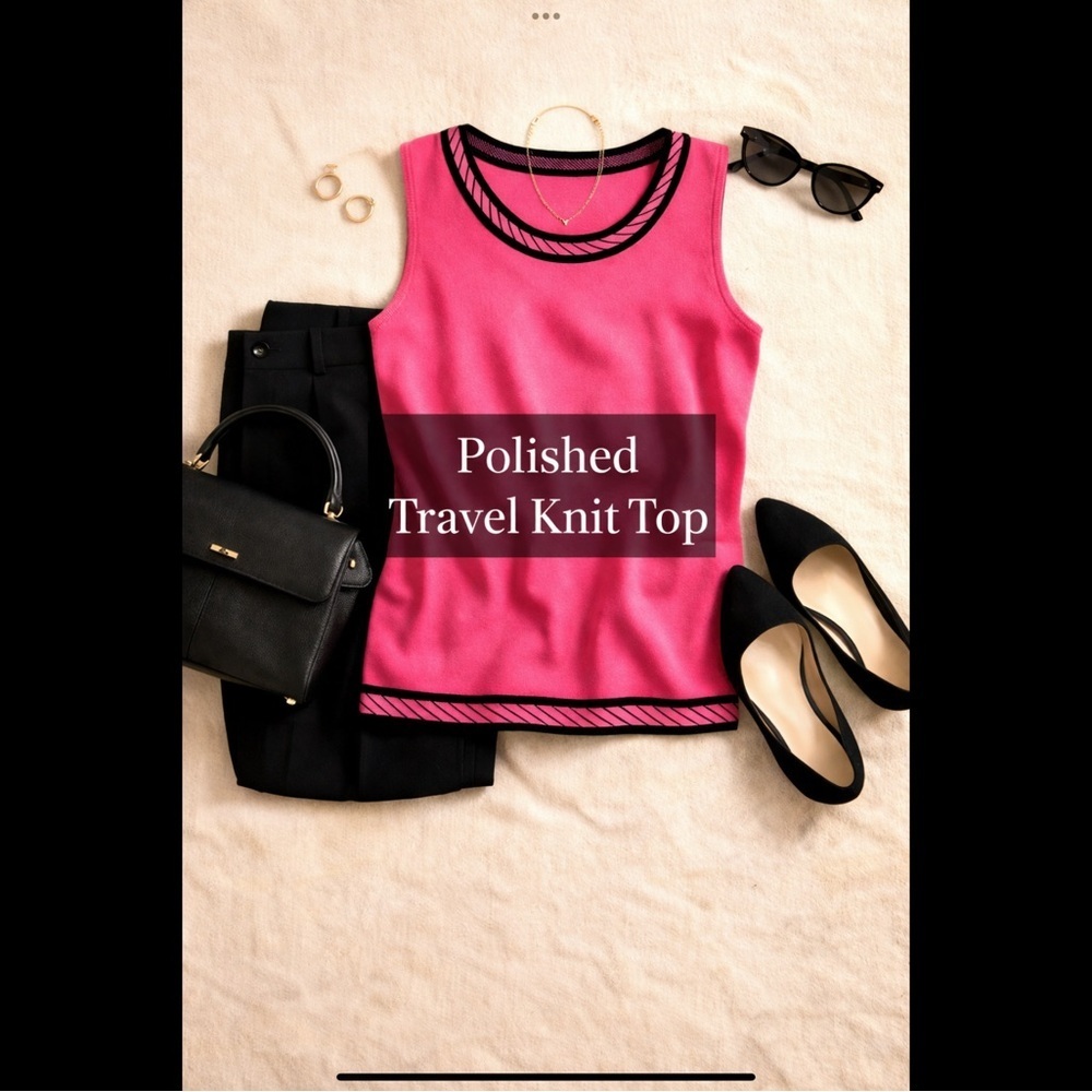 MISOOK Travel Knit Top Pink Black Trim Sleeveless Polished Workwear Chic